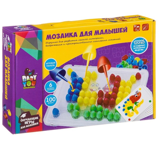 Игра Мозаика для малышей 6 картинок-шаблонов 100 фишек