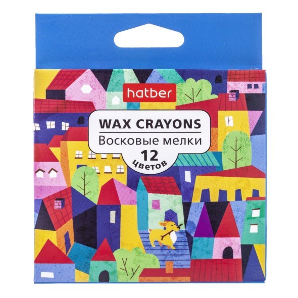 Мелки восковые 12цв Hatber Городок круглый корпус диаметр 9мм в карт.короб. с европодвесом